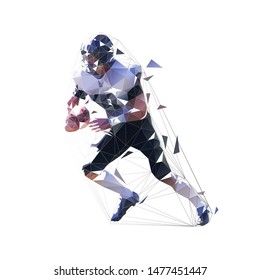 American football player running with ball, abstract polygonal vector illustration. Isolated geometric football athlete in black and white jersey holding ball