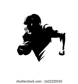 American football player running with ball, isolated vector silhouette. Ink drawing