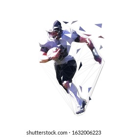 American football player running with ball, low poly isolated vector illustration. Side view, geometric drawing