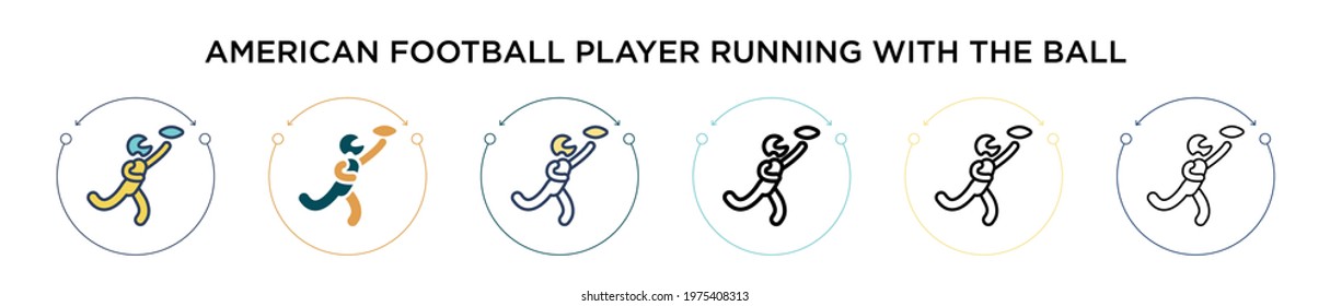 American football player running with the ball icon in filled, thin line, outline and stroke style. Vector illustration of two colored and black american football player running with the ball vector 