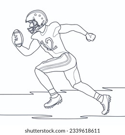 American football player running with the ball in his hand. Quarterback running and throwing breakthrough with the ball. Line art drawing for coloring book. Linear vector illustration.
