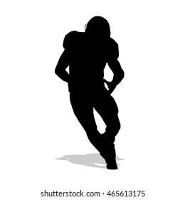 American football player running with ball in hand and dribbles. Vector silhouette