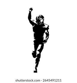 American football player running and greating fans, high contrast isolated vector silhouette, front view
