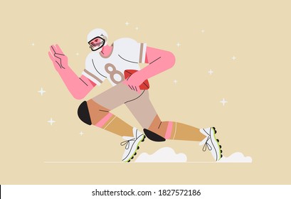 American football player running and holding ball vector illustration for baner, flyer, web page, greeting post card. Sport concept. Male trendy character playing football or gridiron and run fast.