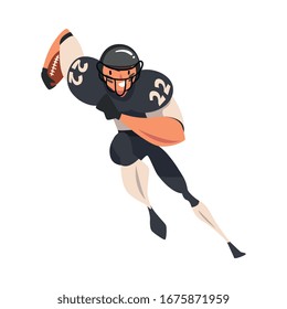 American Football Player Running, Male Athlete Character in Black Sports Uniform in Action, Front View Vector Illustration