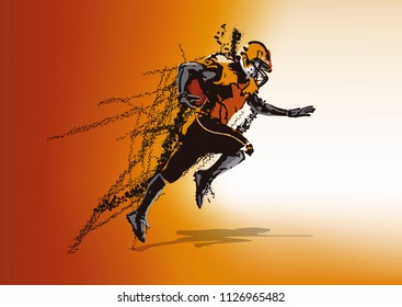 American football player running in a orange background
