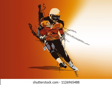 American football player running in a orange background
