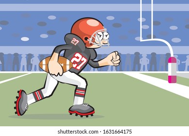 American football player running victorious by leaving behind all his opponents and ready to score. Vector illustration in cartoon style, available in EPS 10.
