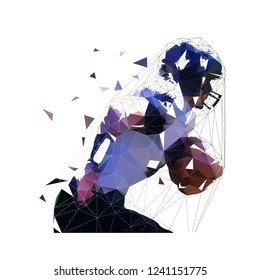 American football player running witn ball, low polygonal athlete, isolated vector illustration, side view