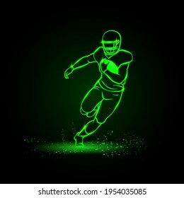 American football player runs away with the ball. Green Neon American football Sports Vector Illustration.