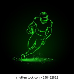 American football. The player runs away with the ball. Green Neon Sports Vector Illustration.