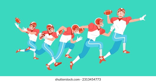 American football player sequence move catch ball run jump trow character on field