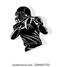 American football player silhouette, holding ball on his chest, male sports athlete vector