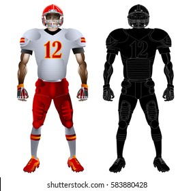 American football player and silhouette, isolated on white. Vector illustration