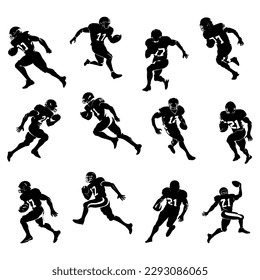 El juego de silueta del futbolista americano. Corriendo atleta aislado. Corriendo rugby, deporte de equipo. Líneas muy detalladas y suaves. Ilustración vectorial.