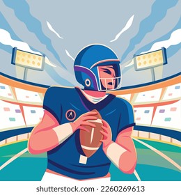 American football player with stadium background. Quarterback player. Super bowl sport theme vector illustration.