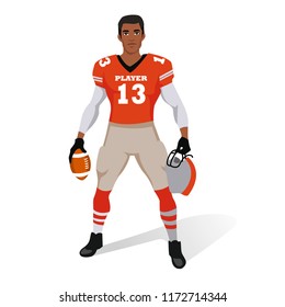 American football player standing holding helmet and ball. vector illustration isolated on the white