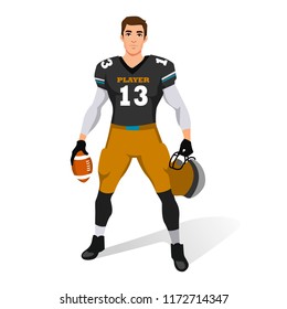 American football player standing holding helmet and ball. vector illustration isolated on the white