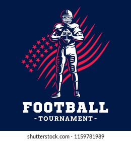 American football player stands with a ball against the background of an abstract image of the American flag - emblem design, illustration on a dark background