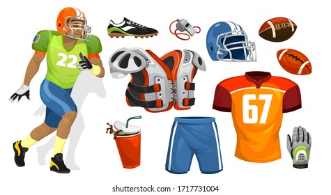 American football player supplies for competition vector illustration. Shorts, tshirt, sneakers, whistle, gloves, helmet, waistcoat and coca cola cartoon design. Sport concept. Isolated on white