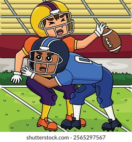 American Football Player Tackle Colored Cartoon