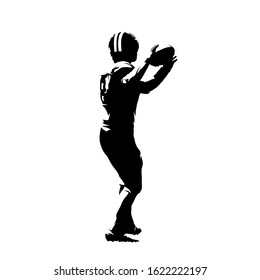 American football player throwing ball, isolated vector silhouette, ink drawing. Rear view