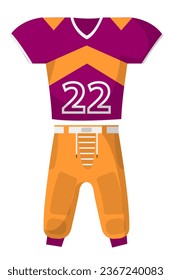 American football player uniform, isolated rugby clothes and accessories. Team color palette and number on tshirt, pants trousers for men. Sportive and professional clothing. Vector in flat style