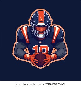 american football player use jersey and helmet holding ball e sport logo vector illustration