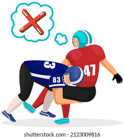 American football players in action. Sportsmen in full equipment on court playing rugby. Men fight for ball during game. Male characters and disagree icon, red cross sticker in speech bubble