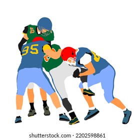 American football players in action, vector illustration isolated on white. Sportsman in full equipment on court. Rugby sportsman, battle for ball. Super ball. popular sport star. Collage team work.