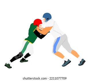 American football players in action, vector illustration isolated on white. Sportsman in full equipment on court. Rugby sportsman, battle for ball. Super ball. popular sport star. Collage team work.
