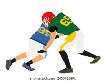 American football players in action, vector illustration isolated on white. Sportsman in full equipment on court. Rugby sportsman, battle for ball. Super ball. popular sport star. Collage team work.