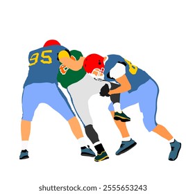 American football players in action, vector illustration isolated on white. Sportsman in full equipment on court. Rugby sportsman, battle for ball. Super ball. popular sport star. Collage team work.