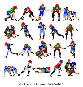 American football players in action, vector isolated on white. big collection Sportsman in full equipment on court. Rugby sportsman battle for ball. Super ball. popular sport super star. Collage sport