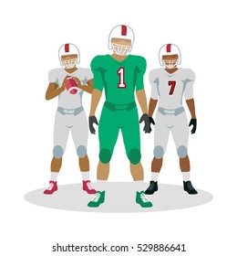 American football. Football players with ball in hands in equipment and helmet. White and green football equipment. Sport team game. Cartoon icons players. American football sign. Vector