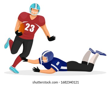 American football players of different teams. Man fell down trying to make obstacles for rival. Competitive and aggressive kind of sports. Gridiron game, traditional hobby of usa, vector in flat