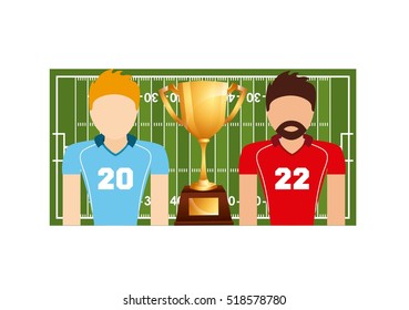 american football players with gold trophy and green field over white background. colorful design. vector illustration