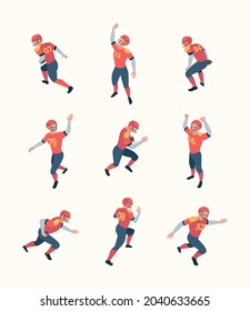 American football players. Isometric persons with ball in dynamic poses sport people playing standing holding running jumping garish vector 3d pictures collection
