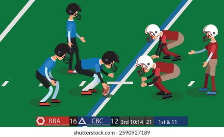 American football players in a match in a stadium. cartoon style vector illustration.