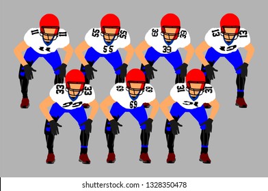 American football players on the scrimmage line vector. Rugby players team vector illustration. Defense formation in action. Professional league event, sport teamwork. Sportsman training on field.