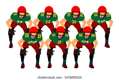 American football players on the scrimmage line vector. Rugby players team vector illustration. Defense formation in action. Professional league event, sport teamwork. Sportsman training on field.
