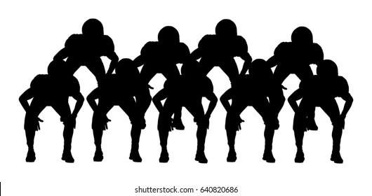 American football players on the scrimmage line vector silhouette. Rugby players team vector illustration. Defense formation in action. Professional league event, sport teamwork. 