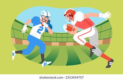 American football players run face each other fighting over the ball on the field