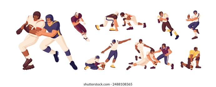 Jugadores de fútbol americano. Los atletas de Profesional jugando rugby, juegos deportivos. Los hombres con cascos atacan, defienden, atrapan, lanzan pelota al campeonato. Ilustración vectorial aislada plana sobre fondo blanco