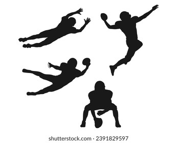 American Football Players Silhouettes , vector pack, various pose set. American Football Player Silhouette bundle, American footballer vector silhouette collection. football player throwing the ball .