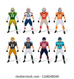 American football players. Uniform. Character set. Vector illustration. Isolated on the white background