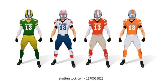 American football players. Uniform. Character set. Vector illustration. Isolated on the white background