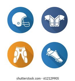 American football player's uniform. Flat design long shadow icons set. Helmet, shoulder pad, shoe, shorts. Vector silhouette illustration