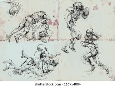 American football players. Vector hand drawn illustration. Collection of drawings (each on a separate layer) on vintage paper in blue color (the paper is separated in the lower layer).