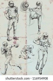 American football players. Vector hand drawn illustration. Collection of drawings (each on a separate layer) on vintage paper in blue color (the paper is separated in the lower layer).